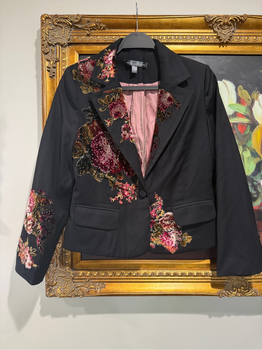 True Meaning Black Blazer with Pink & Burgundy Floral Embroidery